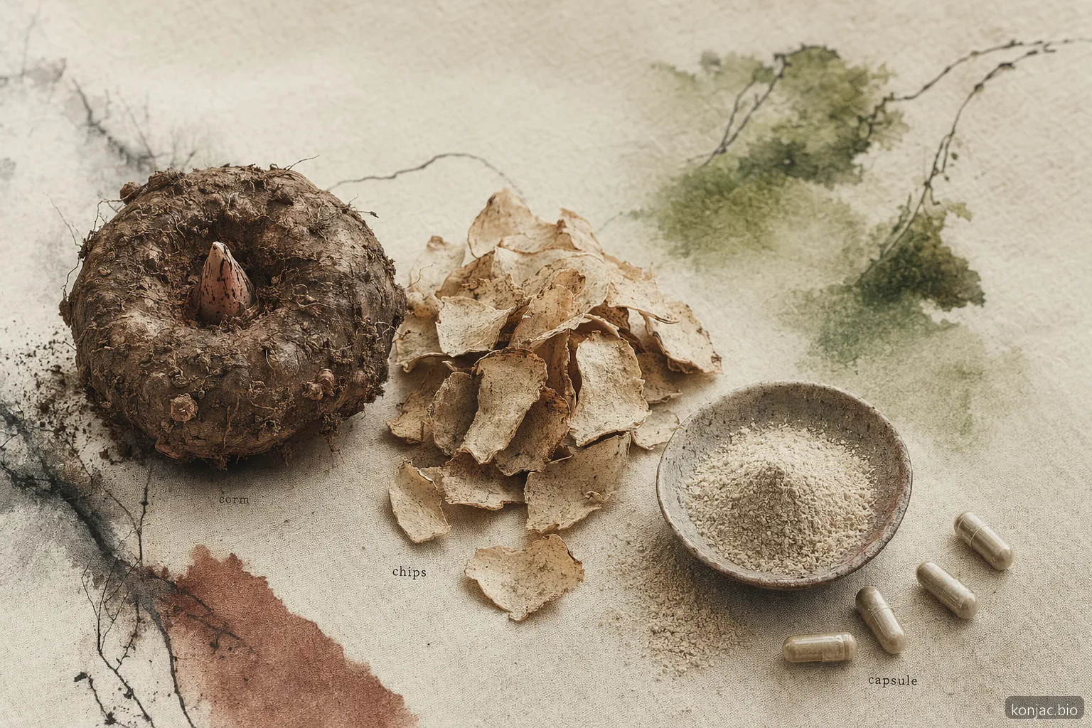 تنتقل عملية تصنيع مكملات glucomannan من كورمات konjac إلى رقائق مجففة ومسحوق وكبسولات