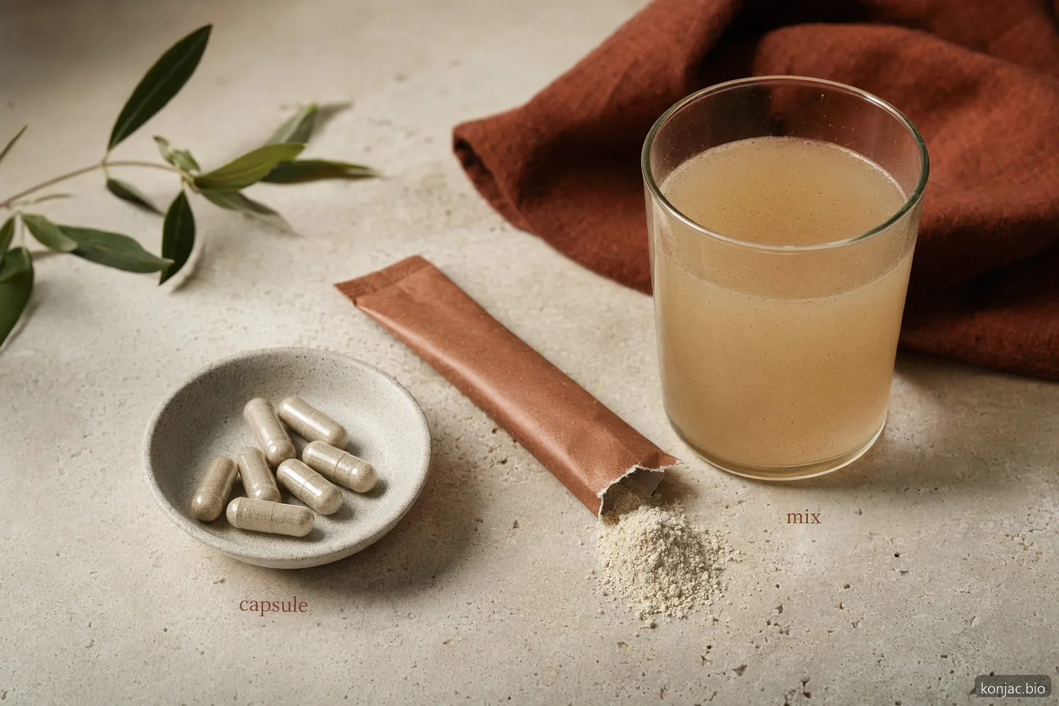 تظهر مفاضلات تصنيع مكملات glucomannan في الكبسولات، وعبوات stick packs، والمشروبات الجاهزة للخلط