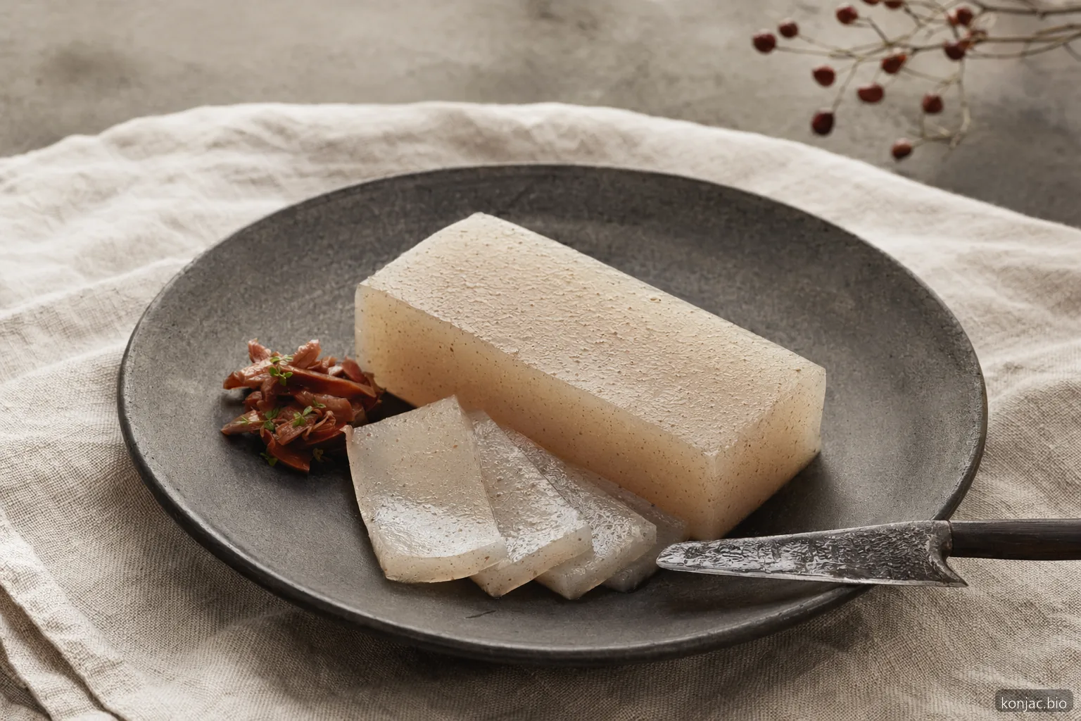 Die Anwendung von konjac-Gummi zeigt eine sauber geschnittene vegane Gel-Terrine mit stabiler Textur für die Lebensmittelformulierung.
