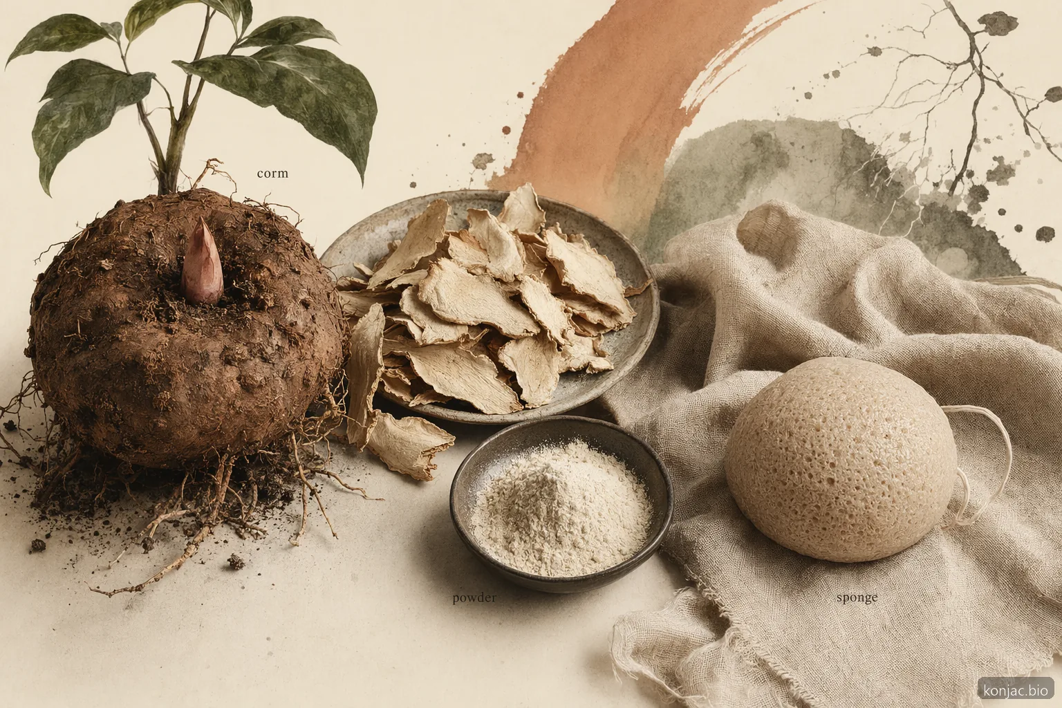 تبدأ إسفنجات konjac بعلامة خاصة بدرنة konjac والشرائح المجففة والمسحوق وإسفنجة مسامية مصبوبة.