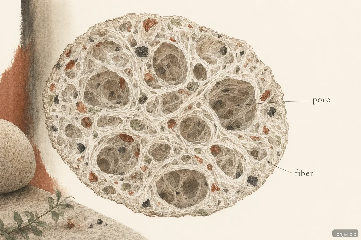 تعتمد إسفنجات konjac بعلامة خاصة على شبكة ألياف مسامية تحتفظ بالماء وتدعم التنظيف اللطيف.
