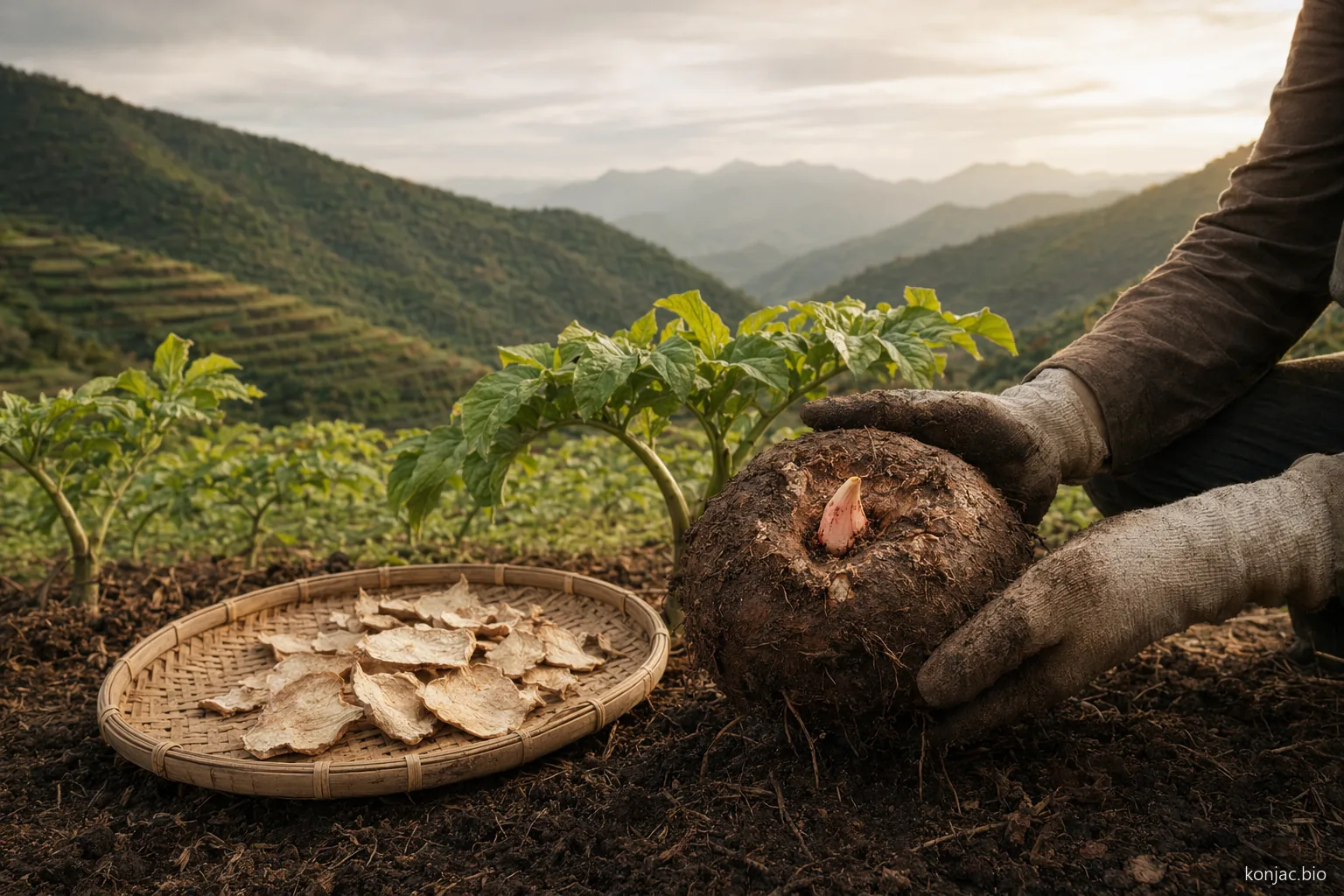 يبدأ توريد إسفنجات konjac بعلامة خاصة بدرنات konjac المحصودة والتجفيف المنضبط بالقرب من الحقل.