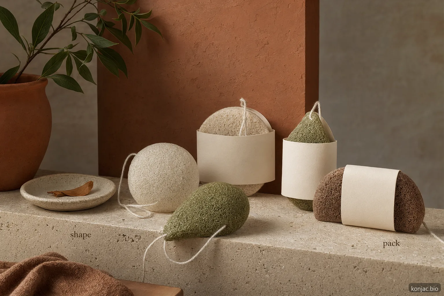 يمكن تخصيص إسفنجات konjac بعلامة خاصة حسب شكل الإسفنجة، وتنسيق الحبل، ونمط تغليف التجزئة.