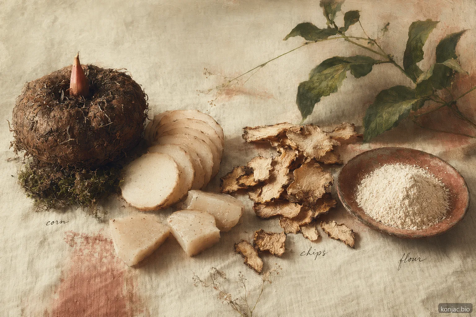 La farina di konjac all’ingrosso parte dai cormi di konjac, che vengono affettati, essiccati e macinati in polvere utilizzabile.
