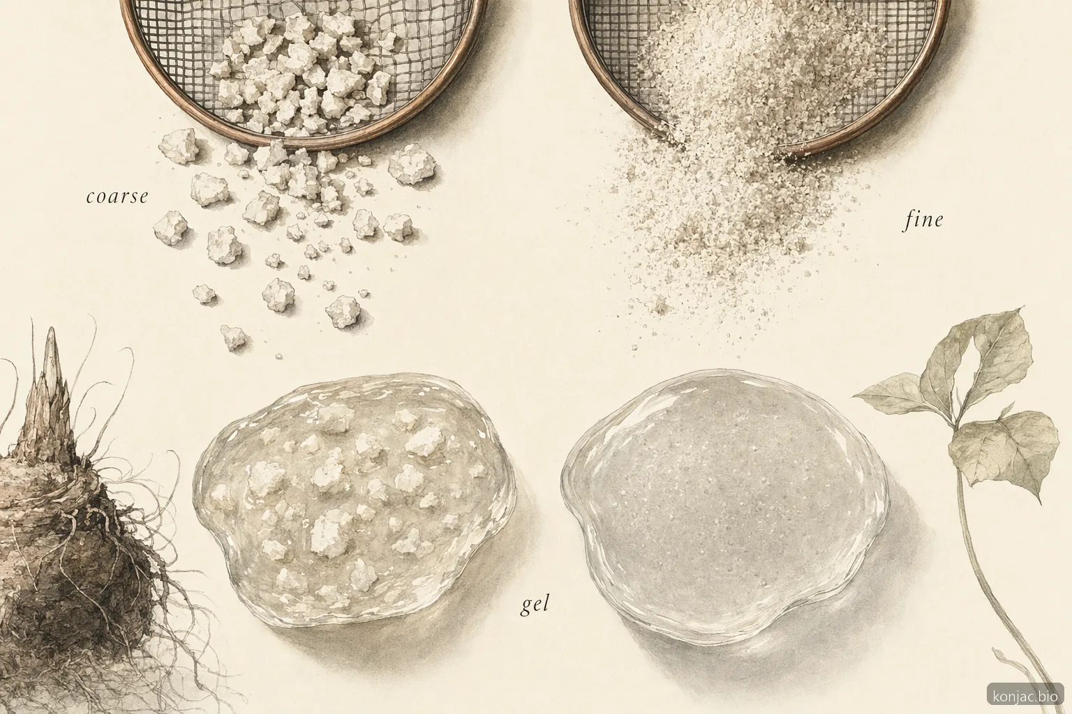 La dimensione mesh della farina di konjac all’ingrosso influisce sulla velocità di idratazione e sulla viscosità del gel finito.