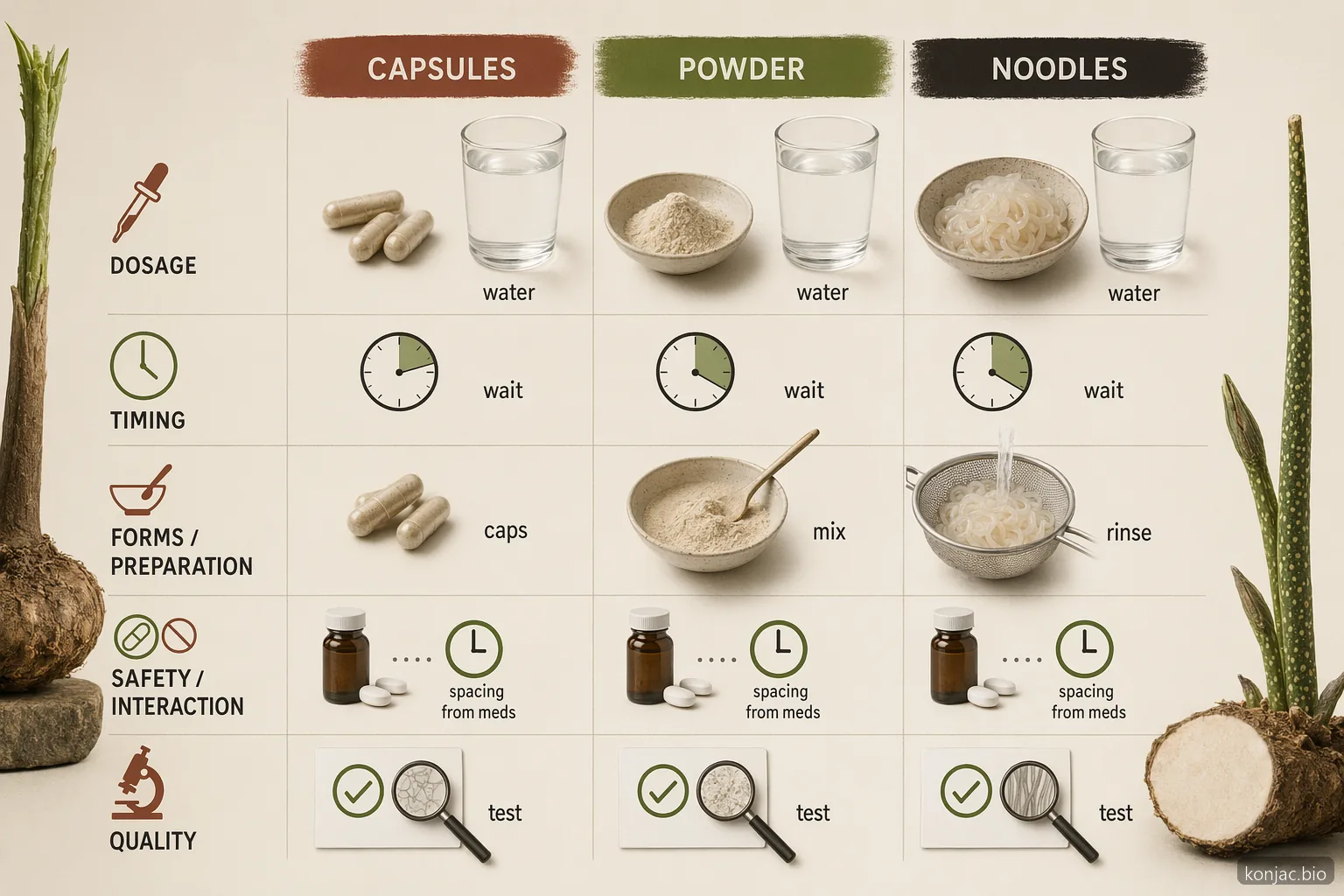 glucomannan forms compared across capsules, powder, and noodles with water timing, safety spacing, and quality checks