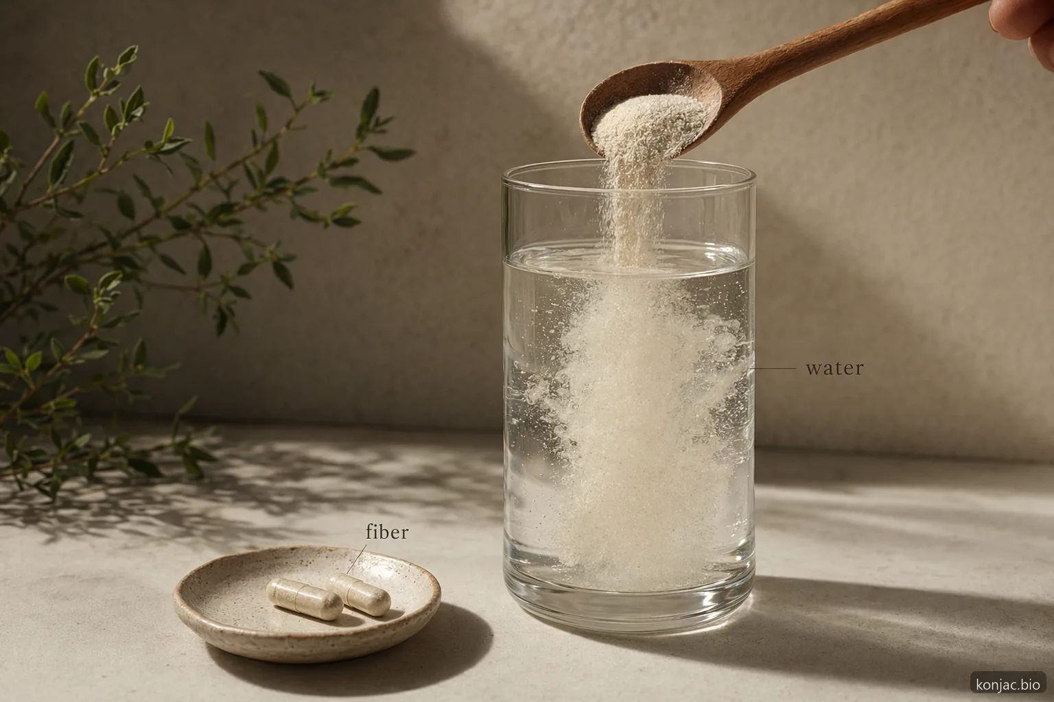 Gli integratori di glucomannan richiedono molta acqua perché polvere e capsule si rigonfiano in un gel denso dopo la miscelazione.