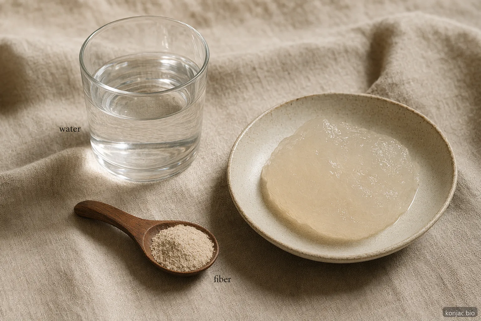 تتطلب فوائد glucomannan كمية كافية من الماء لأن المسحوق ينتفخ ليكوّن جلًا مرطبًا كثيفًا.