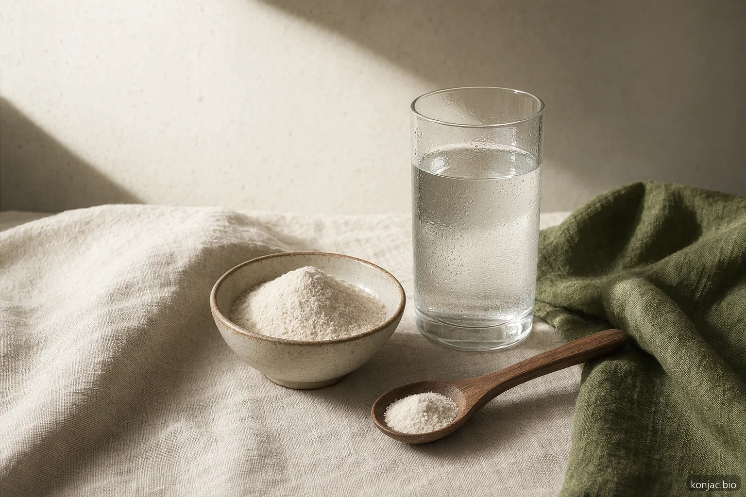 Vorteile von glucomannan erfordern ausreichend Wasser; Pulver wird als hydratisierter Ballaststoff und nicht trocken eingenommen.