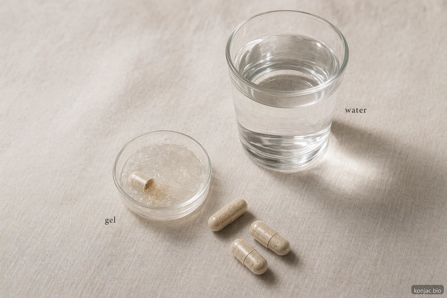 Les capsules de complément alimentaire glucomannan nécessitent beaucoup d’eau, car la fibre sèche gonfle à mesure qu’elle s’hydrate.
