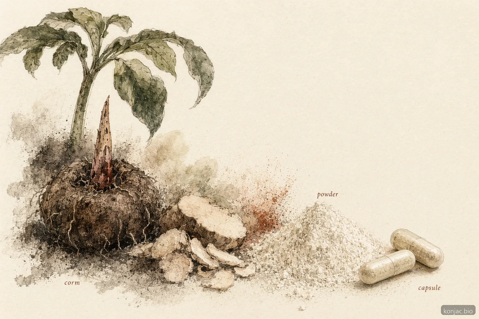 Le complément alimentaire glucomannan commence par le corme de konjac, transformé en poudre et en capsules simples.