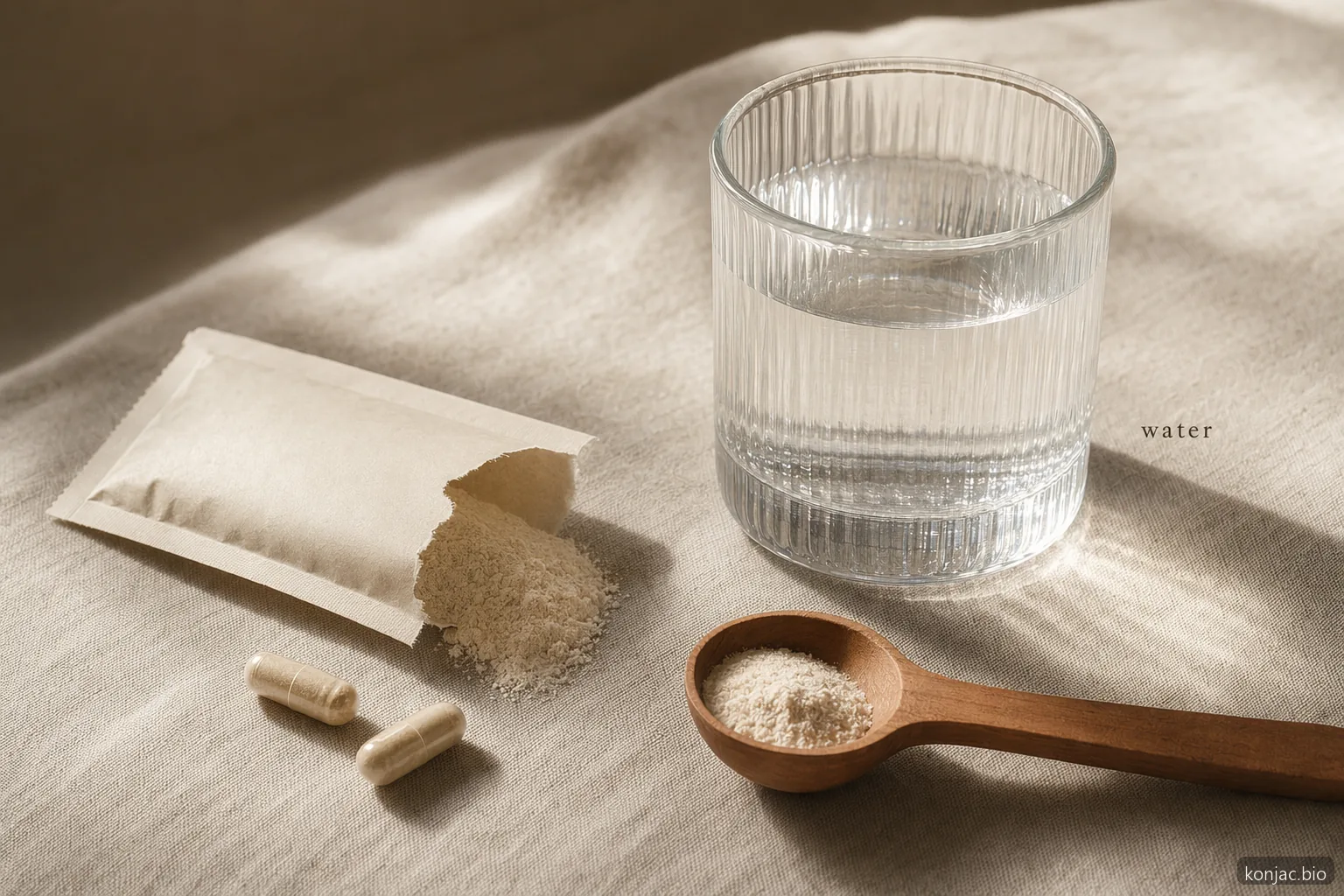 glucomannan glucomannan 補充品的攝取時機以水旁的粉末與膠囊呈現，強調補水。