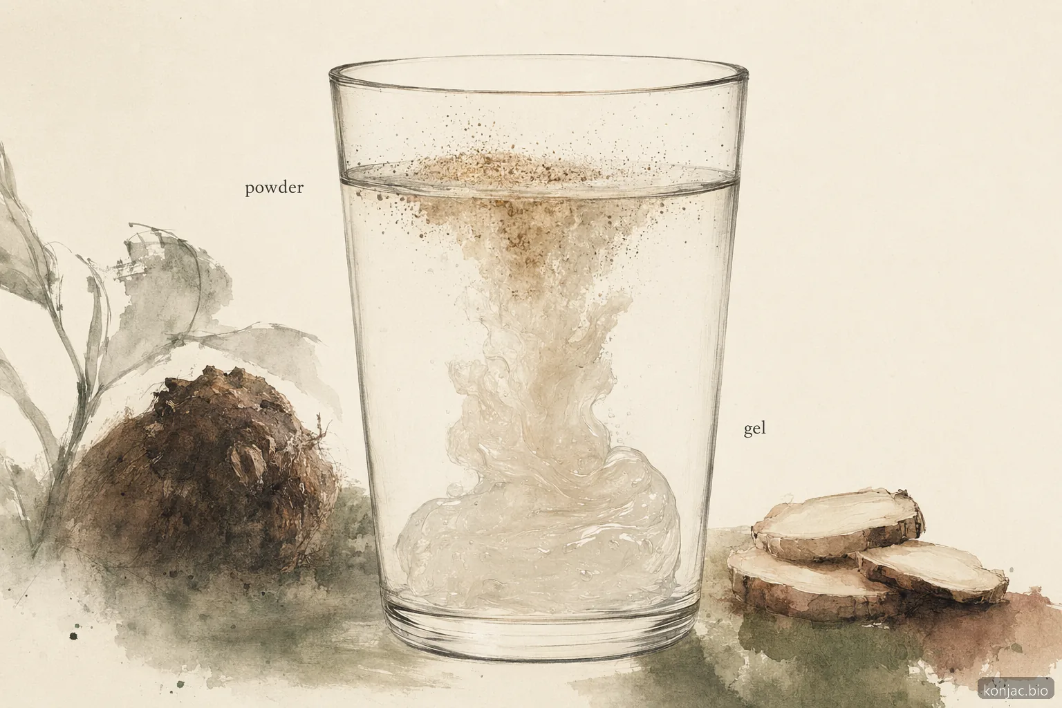 poudre de glucomannan gonflant dans l’eau pour former un gel visqueux, expliquant comment la fibre de konjac épaissit pendant la digestion