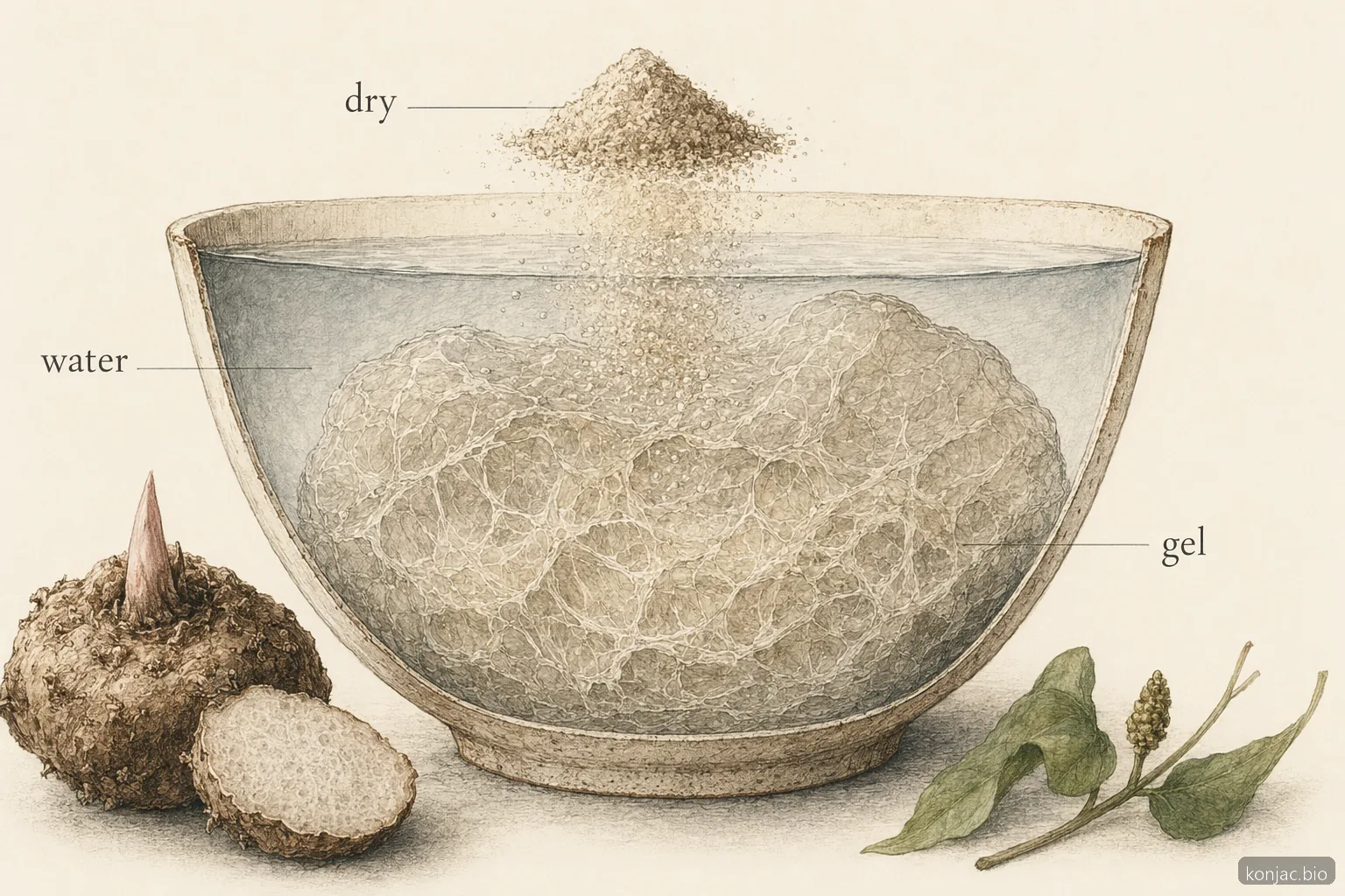 glucomannan zur Gewichtsabnahme bildet ein wasserbindendes Gel, was Sättigung und den Bedarf an Flüssigkeit erklärt