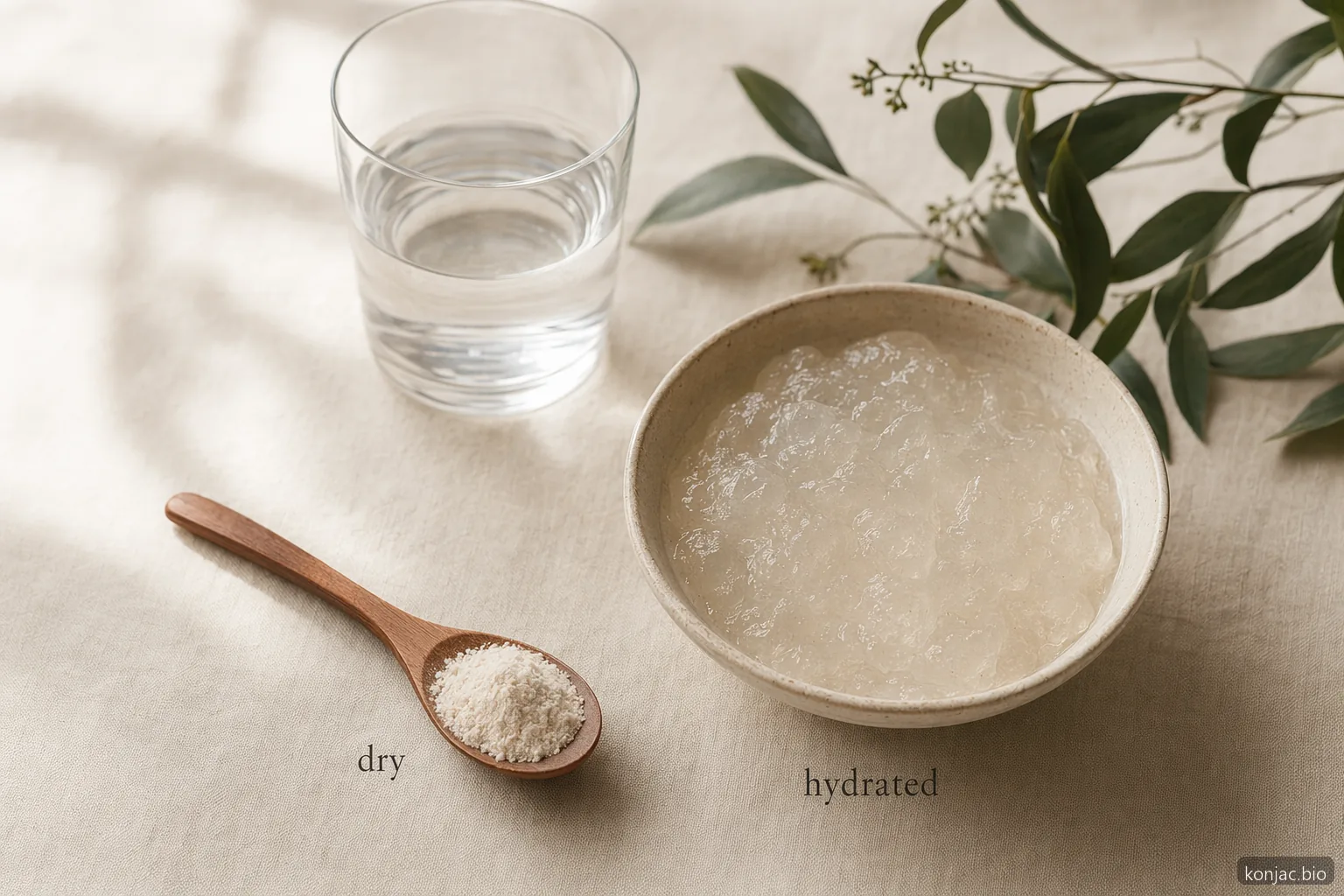 Nebenwirkungen von glucomannan: Expansionsrisiko zeigt trockenes Pulver, das bei Zugabe von ausreichend Wasser zu Gel aufquillt