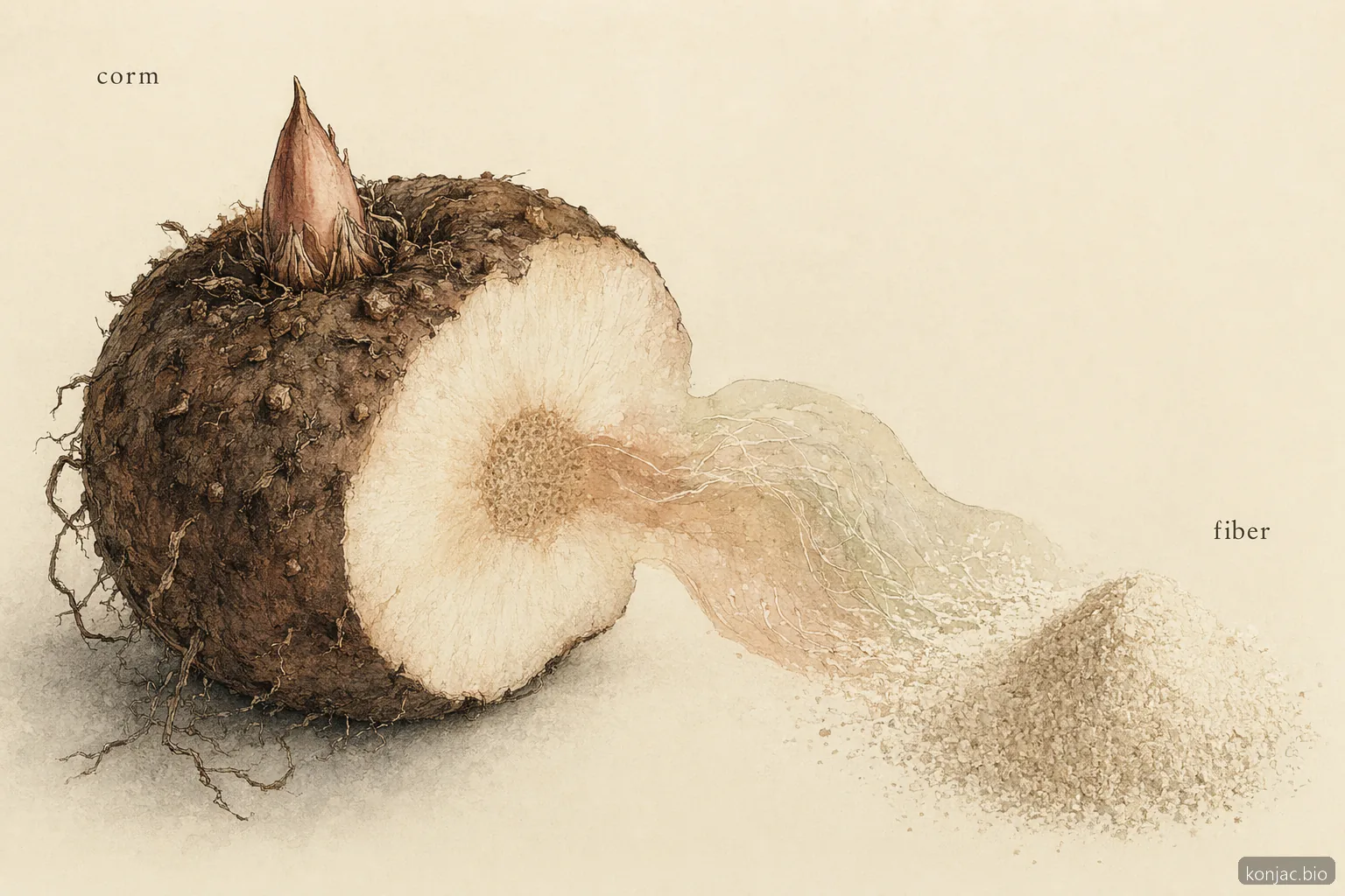 ما هو glucomannan؛ يُظهر مقطع عرضي لكورمة konjac أن الألياف القابلة للذوبان تأتي من كورمة النبات النشوية