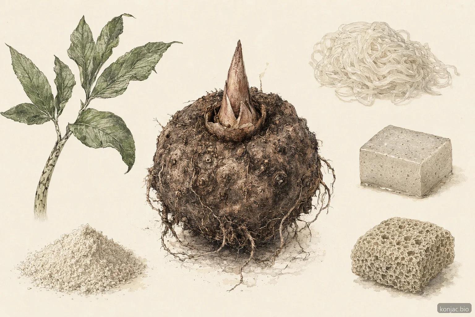 konjac reference categories span the plant, shirataki foods, glucomannan supplements, and porous skincare sponges.