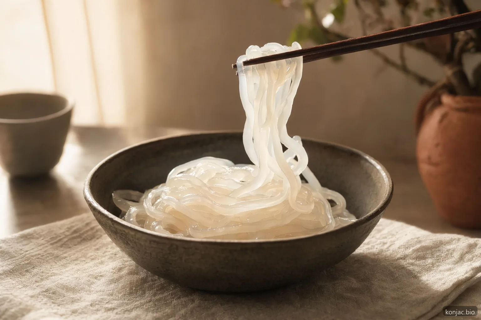konjac shirataki noodles in a backlit ceramic bowl present the plant as food, texture, and calm reference.