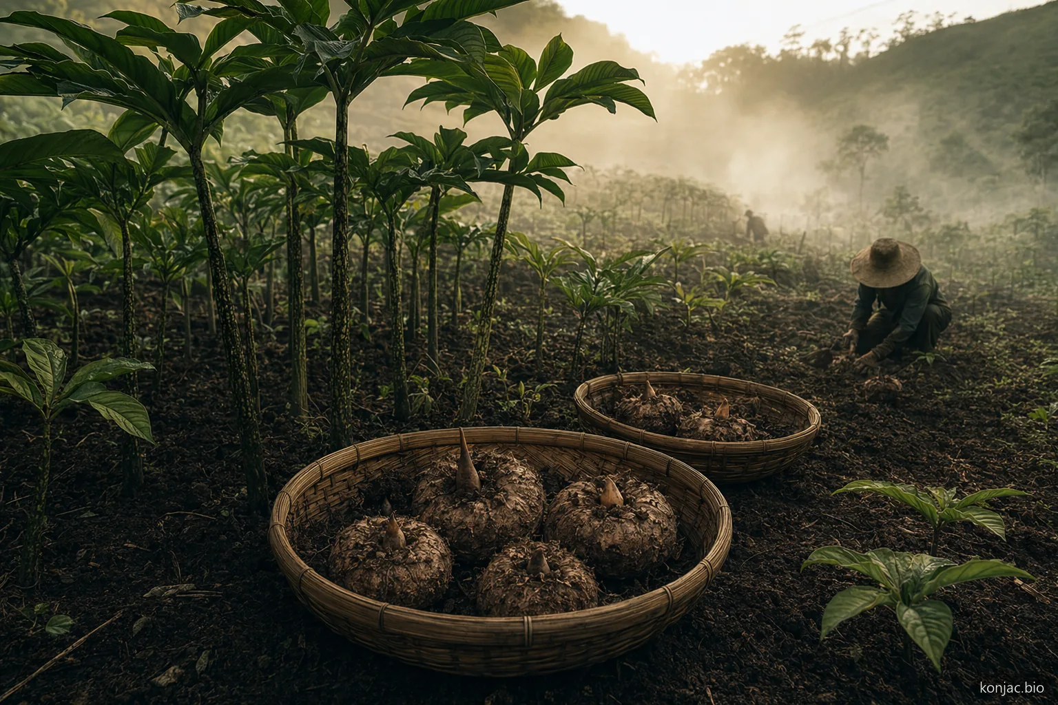l'approvvigionamento di glucomannan per il colesterolo inizia nei campi di konjac, dove una manipolazione pulita dei cormi sostiene una qualità costante della fibra
