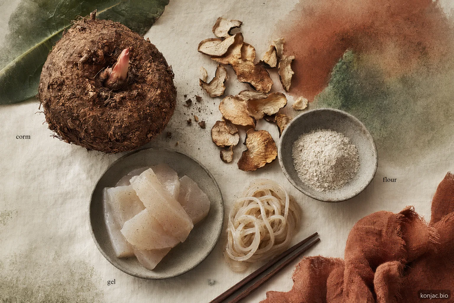konjac vs forme trasformate parte da cormi che diventano chip essiccati, farina di glucomannan e noodles in gel