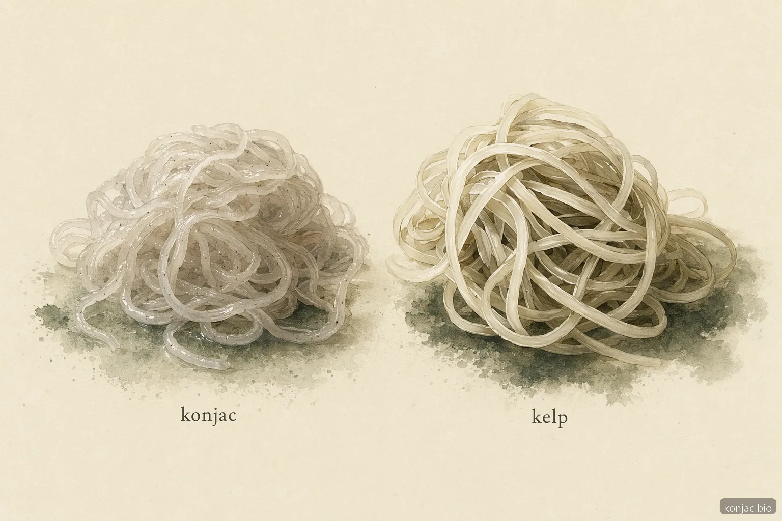 konjac vs noodles di kelp differisce per la texture: il konjac risulta elastico e i noodles di kelp più croccanti