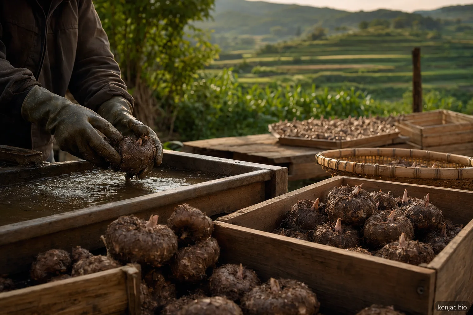 konjac vs approvvigionamento a marchio privato inizia con cormi grezzi selezionati prima di lavaggio, essiccazione, macinazione o produzione di noodles