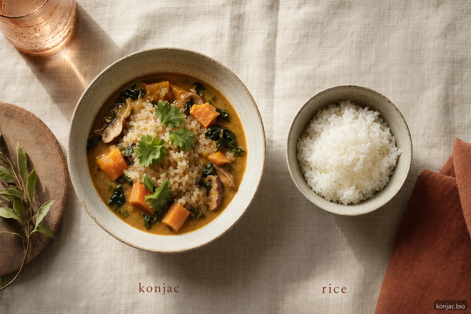 konjac vs riso in un pasto impiattato mostra il riso di konjac come alternativa più leggera a base di gel al familiare riso bianco