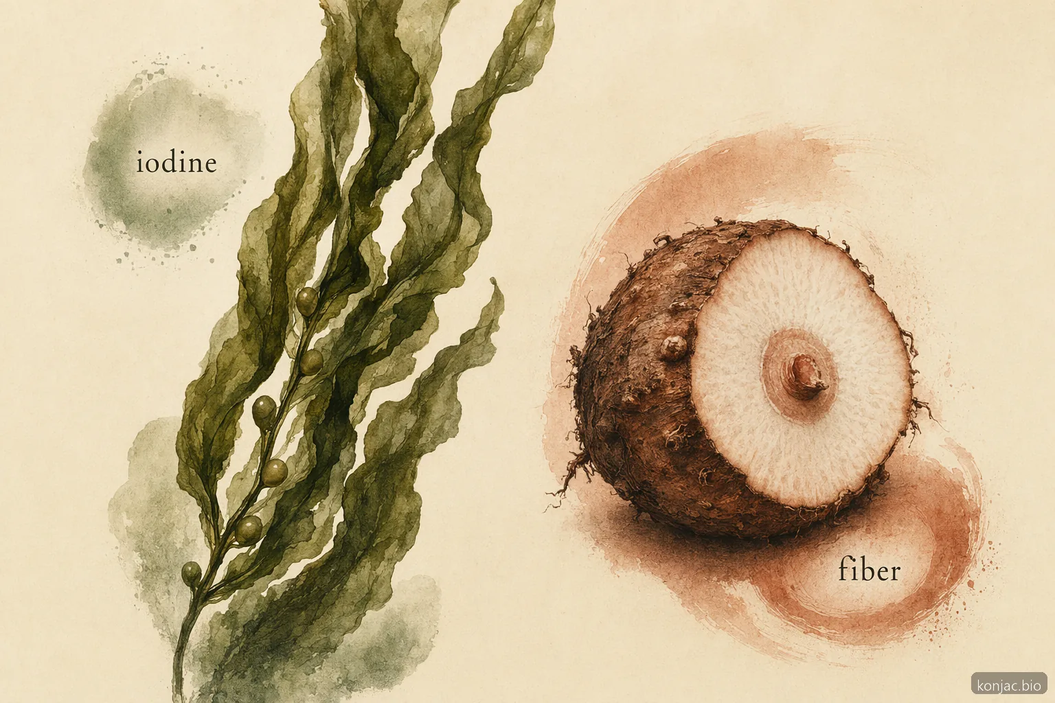 grafica sulla salute noodles di kelp vs noodles shirataki che contrappone la variabilità dello iodio del kelp alla fibra solubile konjac
