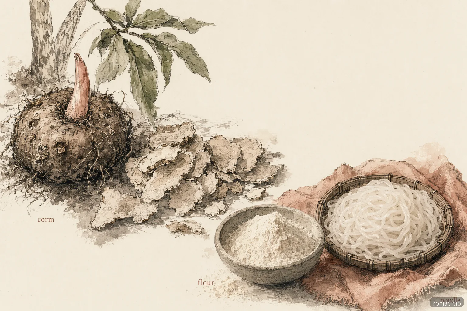 processo konjac vs shirataki che mostra il cormo trasformarsi in farina e noodle, spiegando che shirataki è un formato konjac