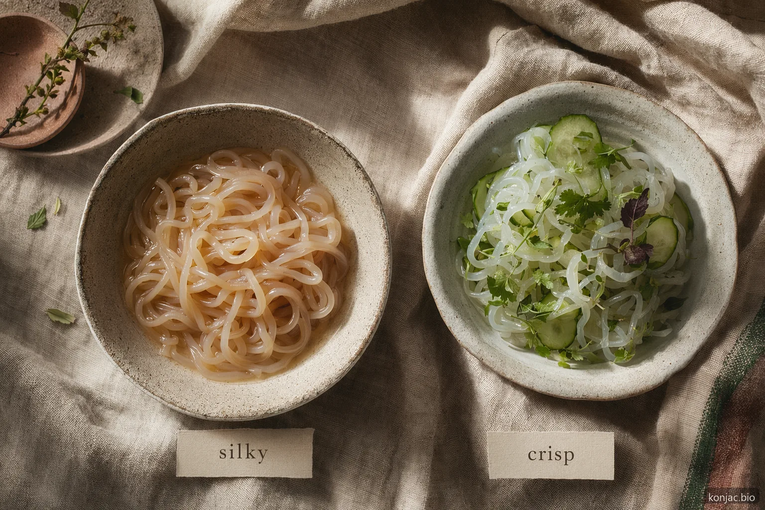 shirataki vs noodles di kelp guida alla texture: lo shirataki diventa setoso nel brodo, mentre i noodles di kelp restano croccanti nelle bowl