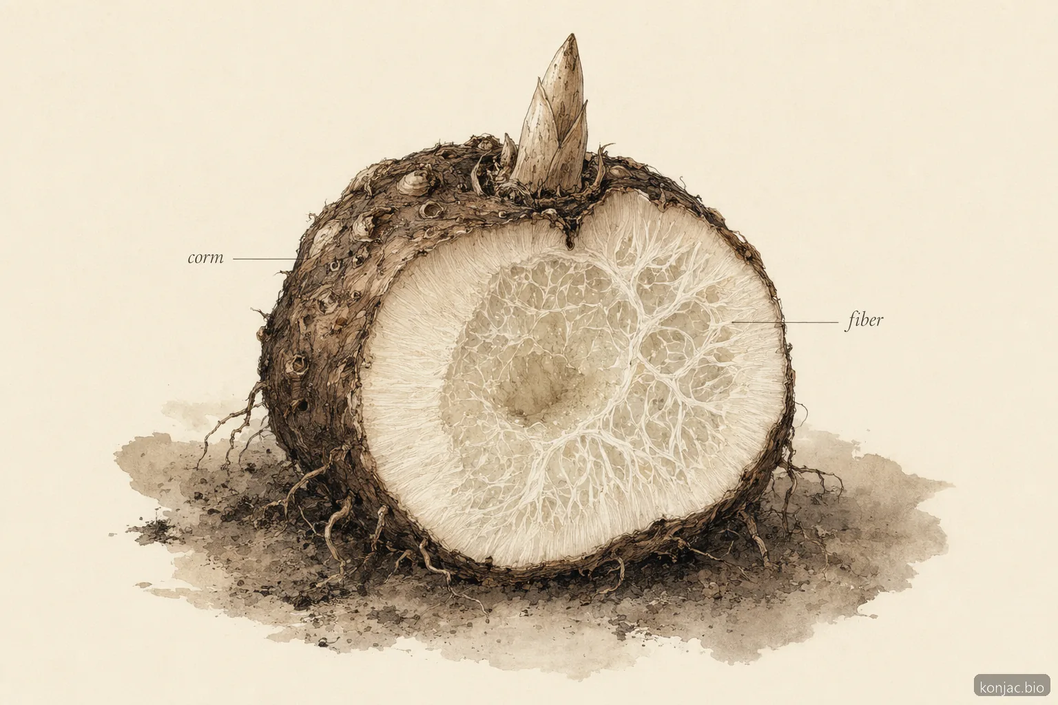 il cormo di amorphophallus konjac accumula fibra ricca di glucomannan nel suo fusto sotterraneo ingrossato, non nella foglia