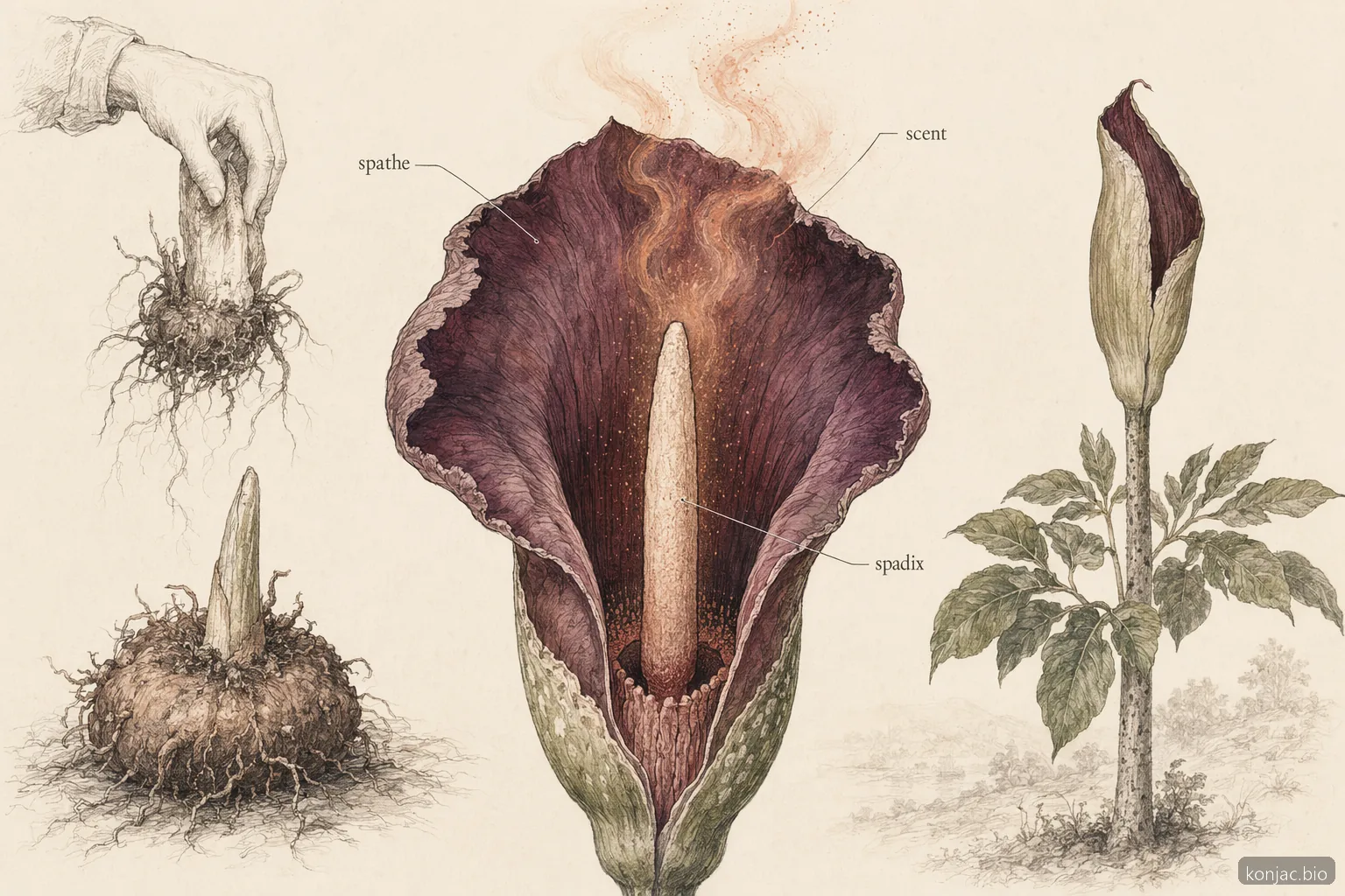 l'odore di Amorphophallus konjac giglio voodoo proviene dalla camera dello spadice e della spata che attira gli impollinatori