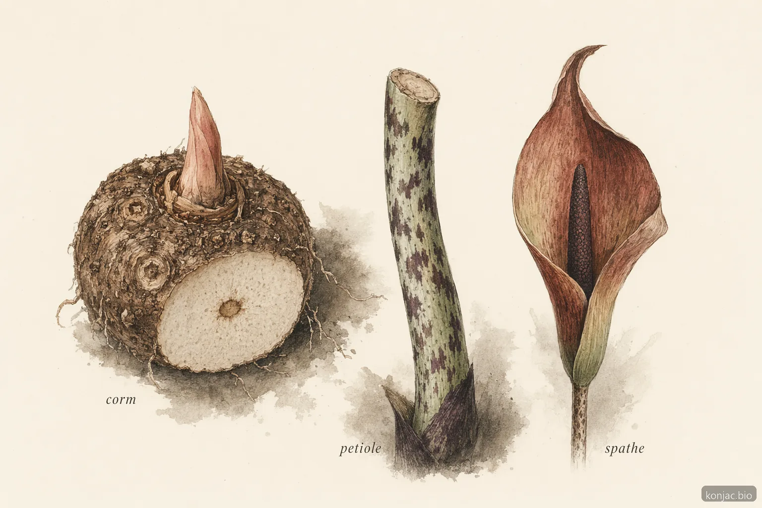 i tratti di amorphophallus rivieri konjac si concentrano su cormo, picciolo maculato e spata usati per verificarne l’identità