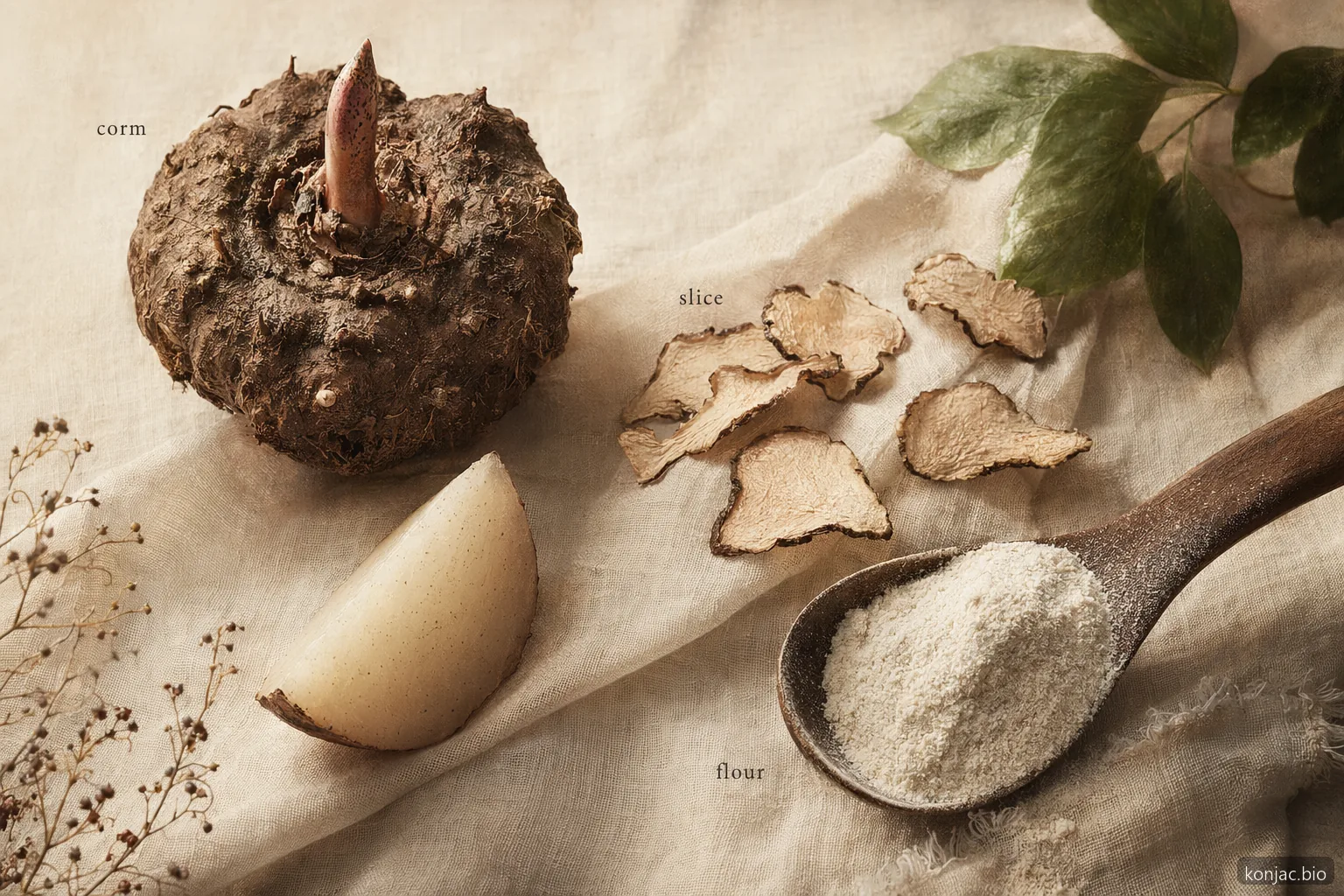 la lavorazione della pianta di konjac passa dal cormo alle fette essiccate fino alla farina, senza bisogno di un diagramma di flusso industriale
