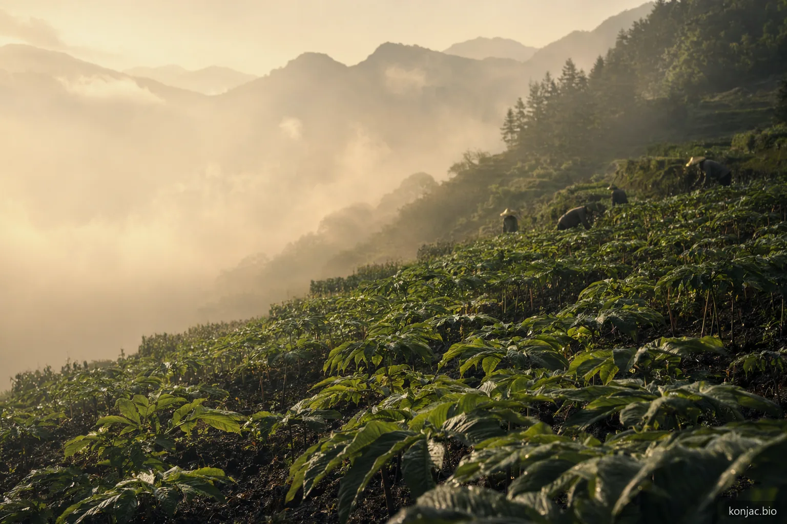 la coltivazione della pianta di konjac prospera in campi umidi d’altura con ombra, drenaggio e raccolta accurata