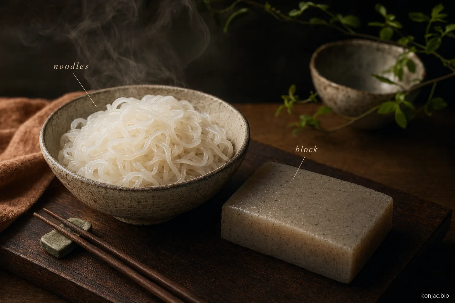 il cormo della pianta di konjac diventa noodles shirataki e blocchi di konnyaku usati negli alimenti moderni