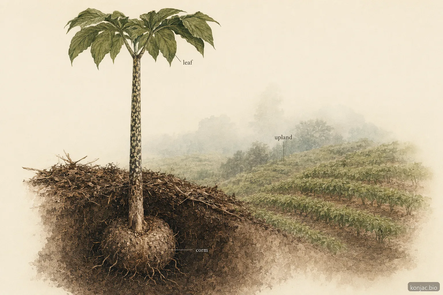 illustrazione di un campo collinare di konjac giapponese che mostra che i cormi vengono coltivati su pendii drenati prima della trasformazione in alimenti