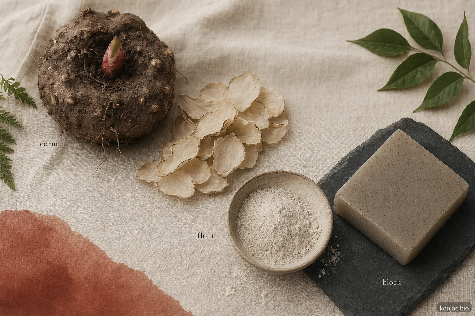 still life di konjac giapponese che traccia cormo, farina raffinata e blocco di konnyaku come fasi principali dalla coltura agricola all'alimento