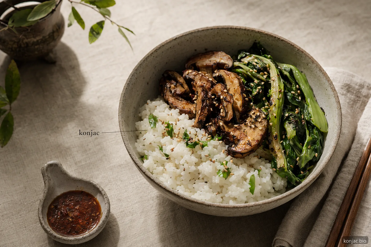 Konjac diabetes meal application shows konjac rice used to lower carbohydrate load in a balanced savory bowl.