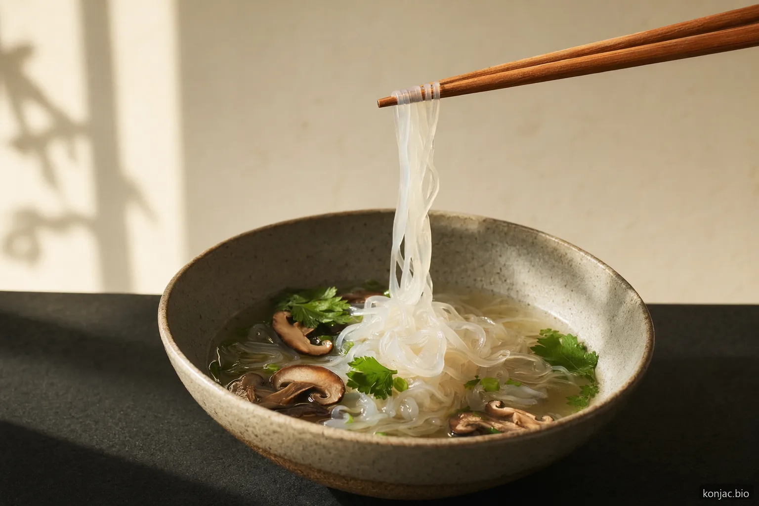 Gli shirataki noodles konjac mostrano l’applicazione alimentare finita della polvere di konjac ricca di glucomannan in un brodo limpido.