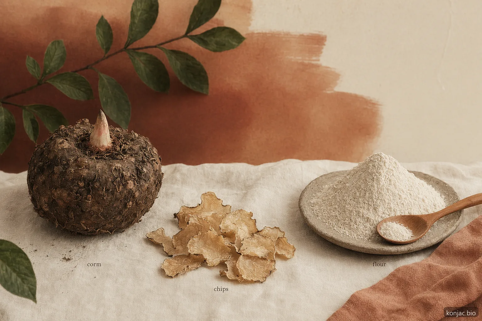 composizione sul processo della farina di konjac mostra cormo fresco, lamelle essiccate e polvere macinata come un’unica filiera dell’ingrediente