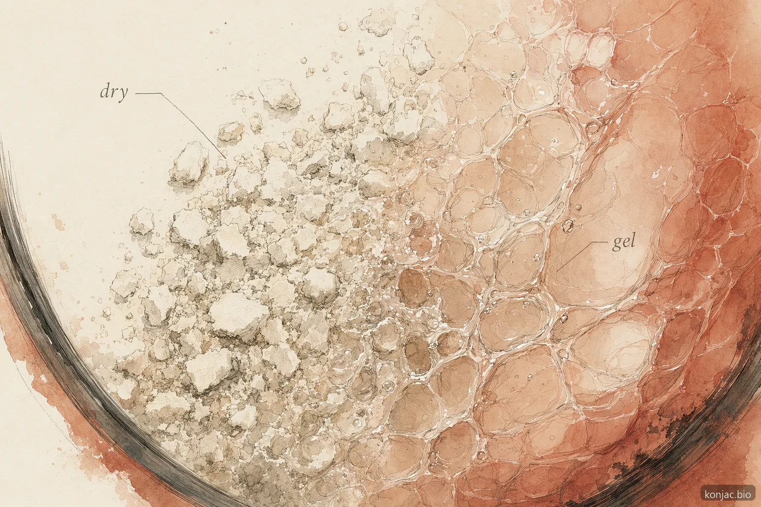 dettaglio dell’idratazione della farina di konjac mostra i granuli di glucomannan che si gonfiano in un gel che addensa gli alimenti
