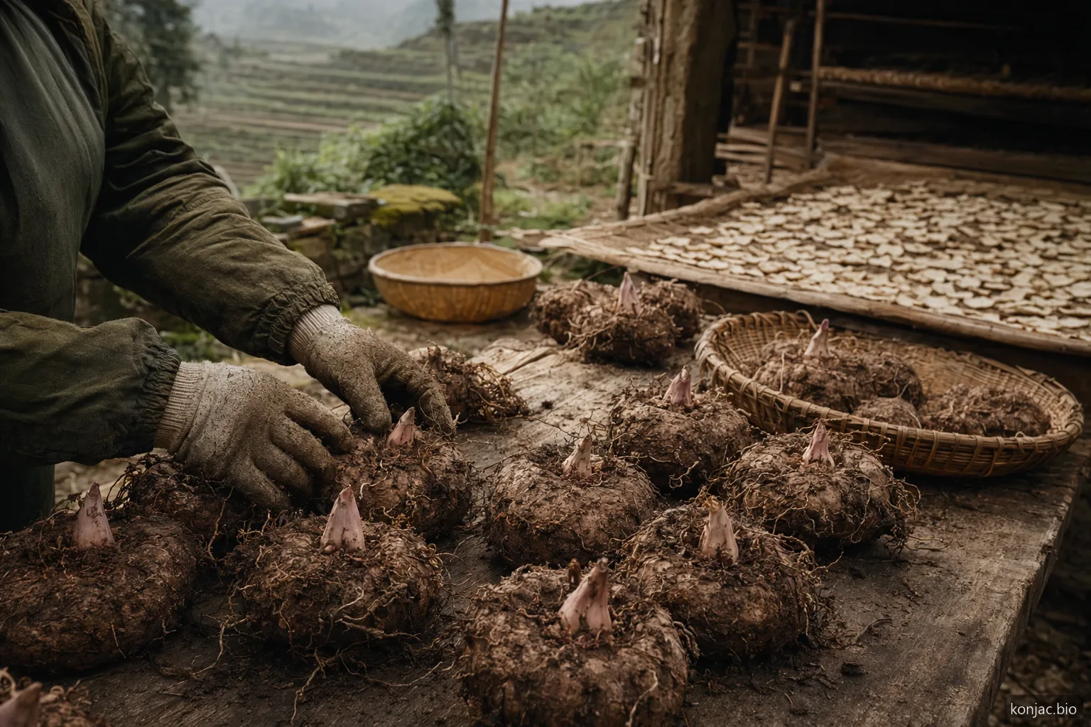 scena di approvvigionamento della farina di konjac mostra cormi selezionati in un piccolo laboratorio prima della macinazione e dei test