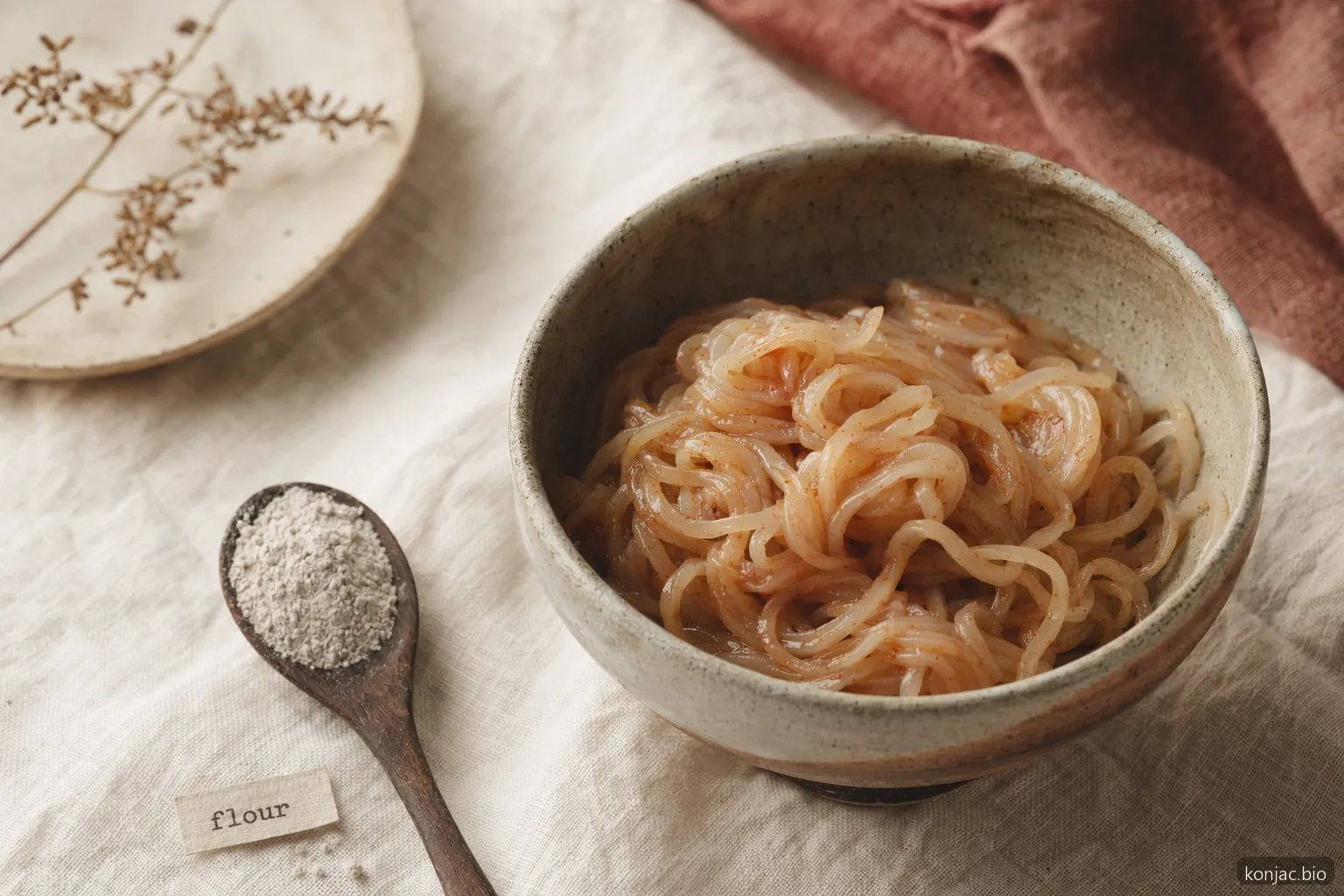 piatto finito con farina di konjac mostra noodles lucidi e salsa in cui una piccola dose crea corpo e fibra