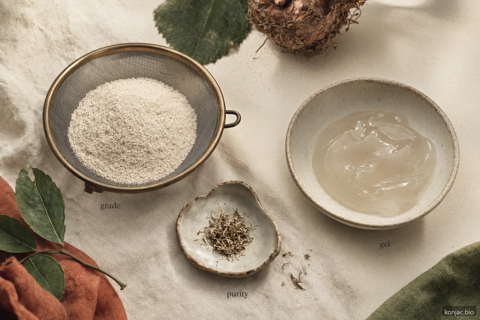 Le specifiche della polvere di glucomannan konjac confrontano grado, purezza e comportamento del gel nei controlli di approvvigionamento