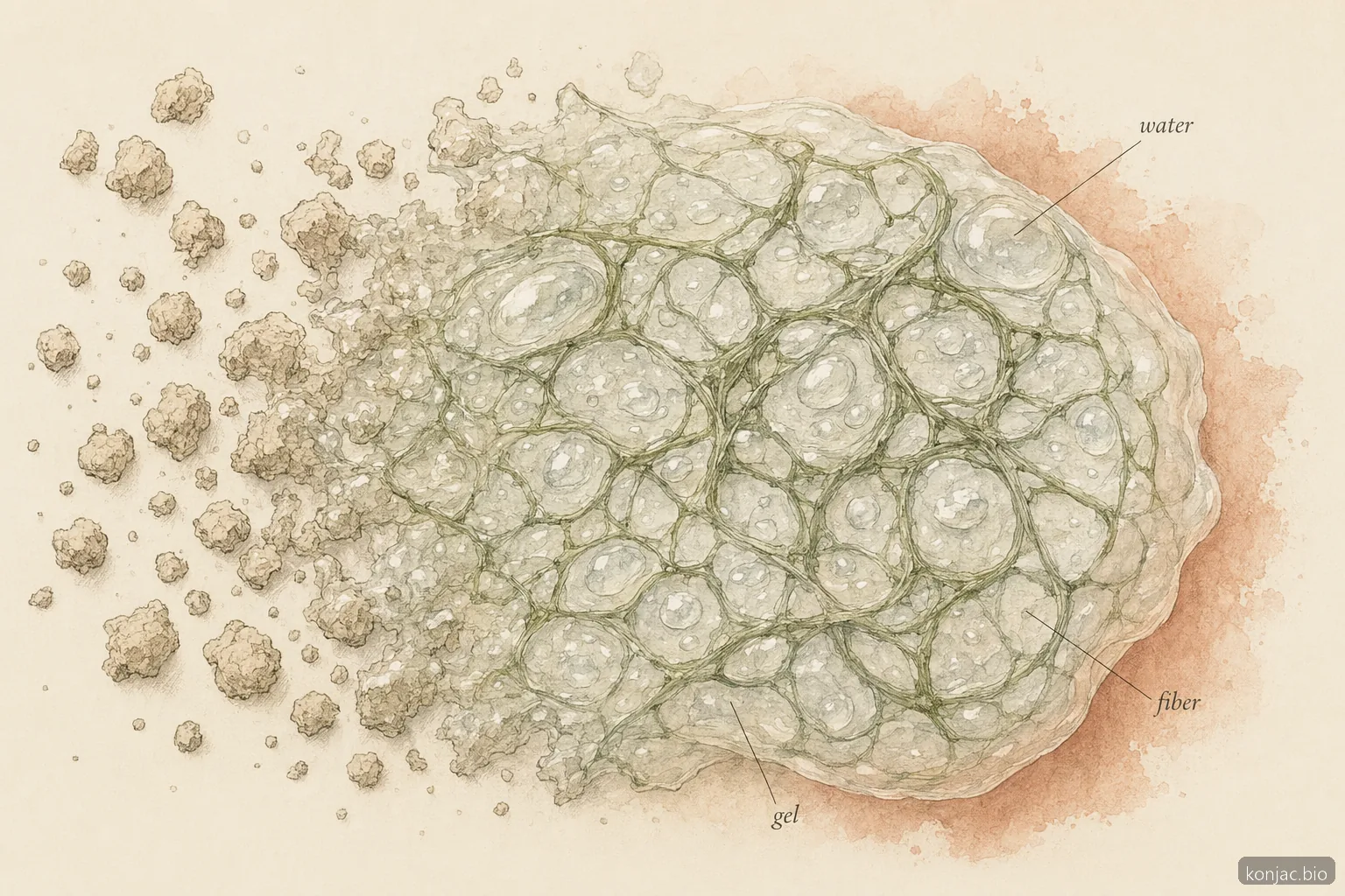 La polvere di glucomannan konjac si idrata formando una rete di gel viscosa che lega l’acqua e addensa gli alimenti