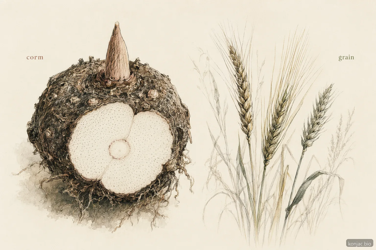 la farina di konjac è senza glutine perché il konjac proviene da un cormo, non da frumento, orzo, segale o cereali correlati contenenti glutine
