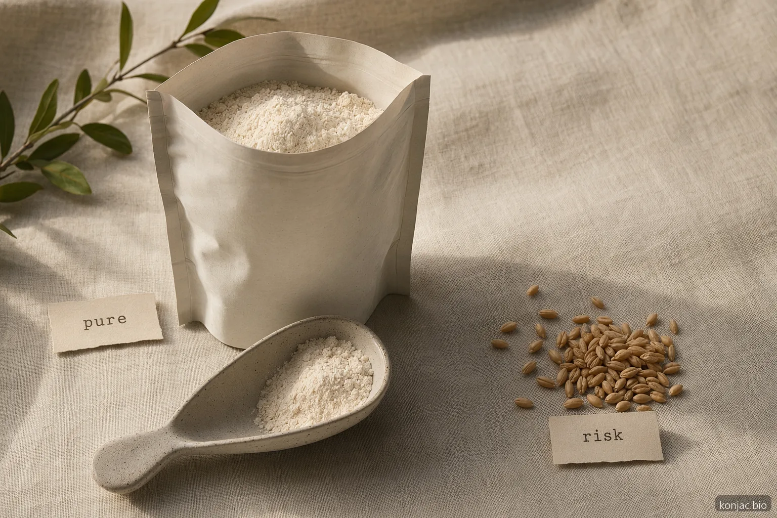 la farina di konjac è senza glutine quando è pura, ma le etichette contano perché miscele o attrezzature condivise possono aggiungere rischio di glutine