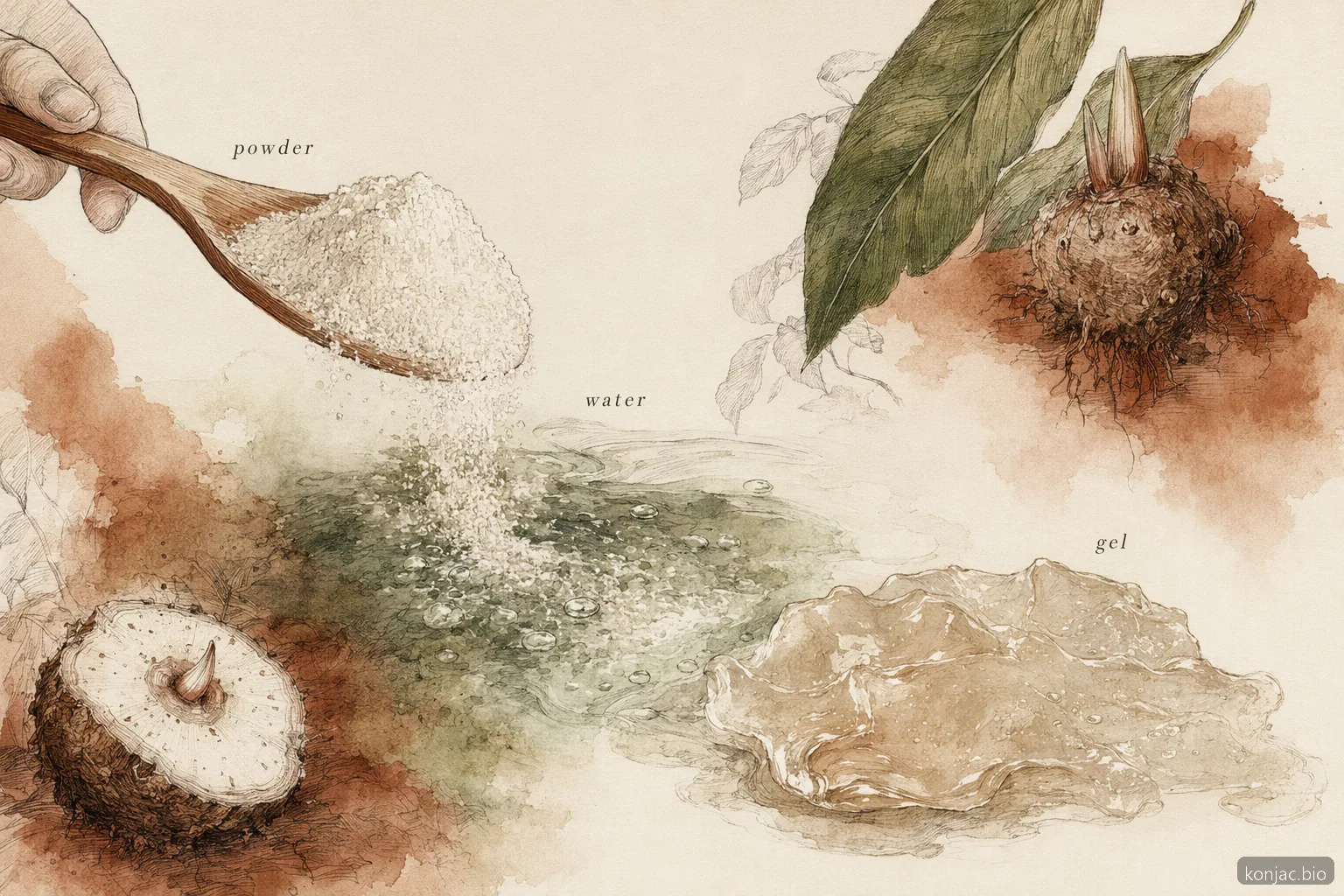 la farina di konjac è salutare, la polvere di konjac forma un gel con l’acqua; una quantità sufficiente di liquidi aiuta la fibra a transitare in sicurezza.