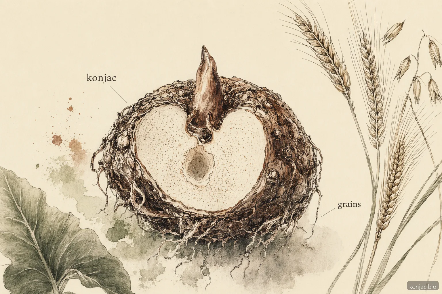 tavola botanica della farina di konjac senza glutine che mostra che la fonte del cormo è distinta dai chicchi di frumento, segale e orzo.